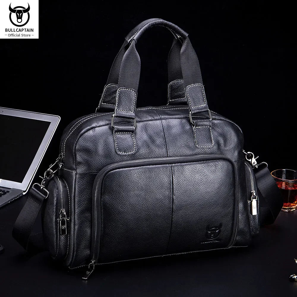 BULLCAPTAIN Men's Leather Briefcase Can Be Used For 14-Inch Laptop Business Shoulder Messenger Handbag Leisure Travel Bags