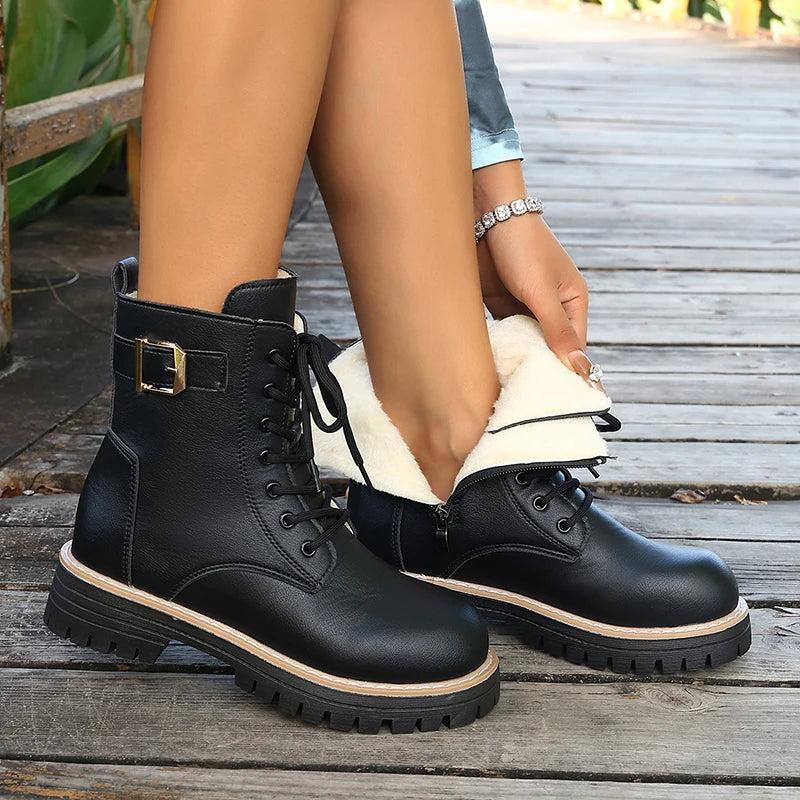 Fashion Black Platform Motorcycle Boots Women Lace Up Warm Short Plush Ankle Boots Woman Buckle Thick Sole Pu Leather Botas 42