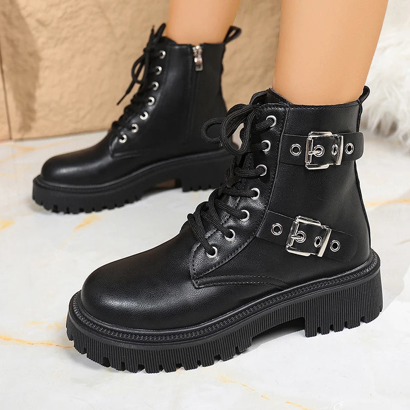 Fashion Buckle Lace Up Ankle Boots Women Autumn Winter Pu Leather Platform Boots Woman Chic Thick Sole Zipper Motorcycle Booties