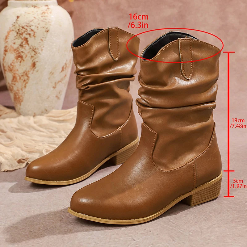 Brown Pu Leather Pleated Ankle Boots Women Plus Size 36-43 Thick Heeled Western Booties Mujer 2025 Slip On Cowboy Boots Woman