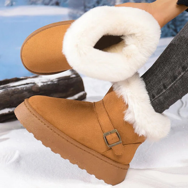 Furry Thick Warm Snow Boots Women Retro Buckle Detor Slip On Snow Boots Woman Winter Yellow Brown Platform Booties Female