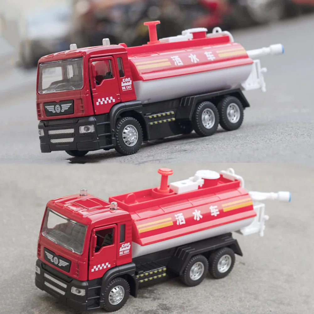 1/50 Sprinkler Truck Model Car Toy Alloy Diecast Engineering Vehicle Rubber Tire Sound Light Pull Back Toy Birthday Gift for Kid