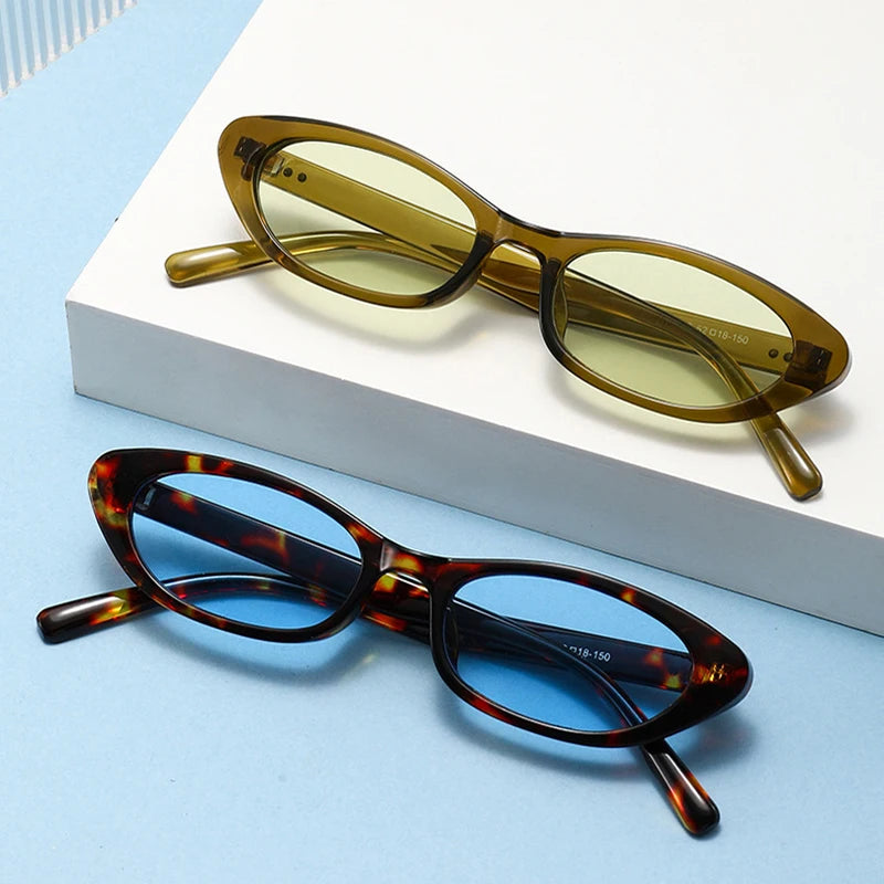 JNPCXI New Ins Popular Fashion Small Oval Sunglasses Women Retro Rivets Punk Cat Eye Candy Color Men Trending Sun Glasses