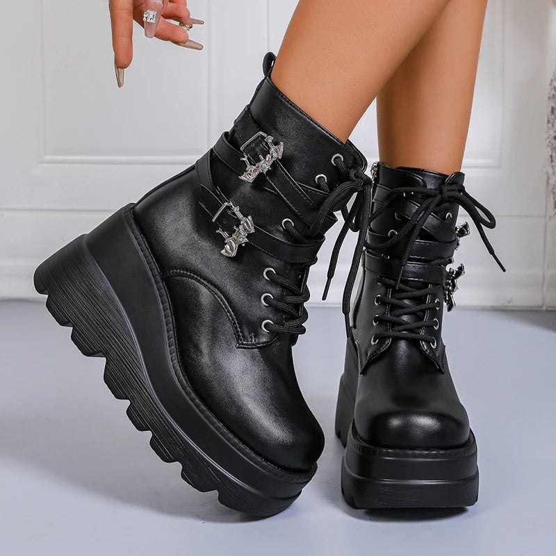 Chunky Wedges Punk Ankle Boots Women Fashion Super High Heels Motorcycle Boots Woman Lace Up Thick Bottom Black Gothic Shoes