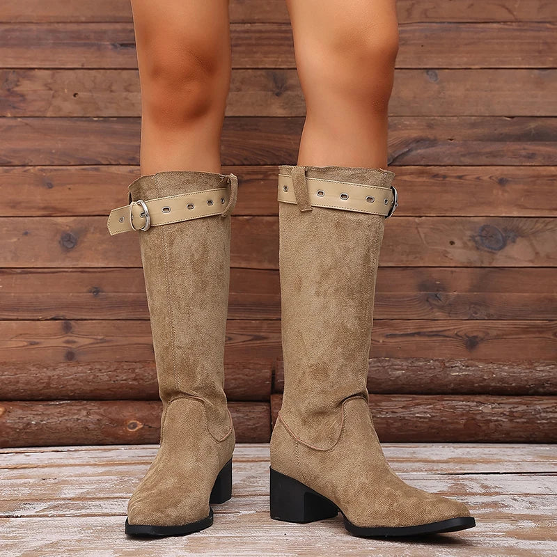 Pointed Toe Flock Knee High Boots Women 2026 Belt Buckle Block Heel Riding Boots Woman Plus Size 42 Thick Heels Long Botas Mujer