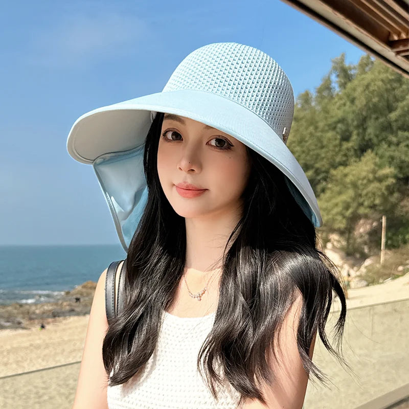 8487Summer large brimmed sun hat women's outdoor outing sun hat removable shawl neck protector empty fisherman hat