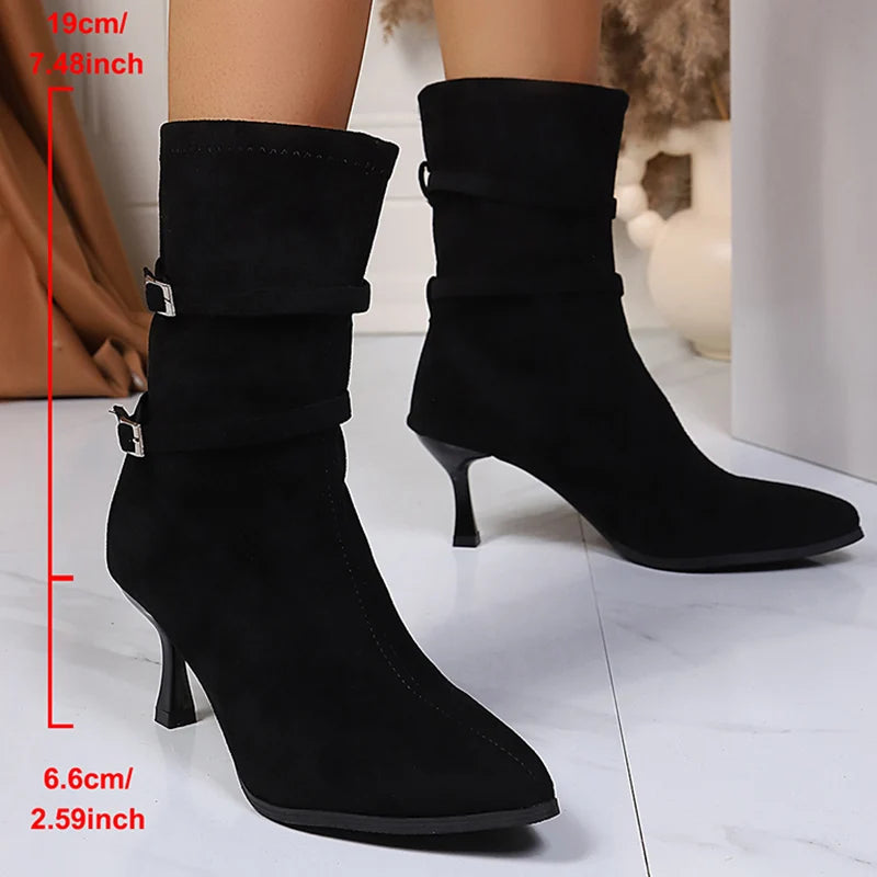 Pointed Toe High Heel Ankle Boots Women Fashion Buckle Decor Stiletto Heel Boots Woman Autumn Winter Slip On Short Booties Mujer