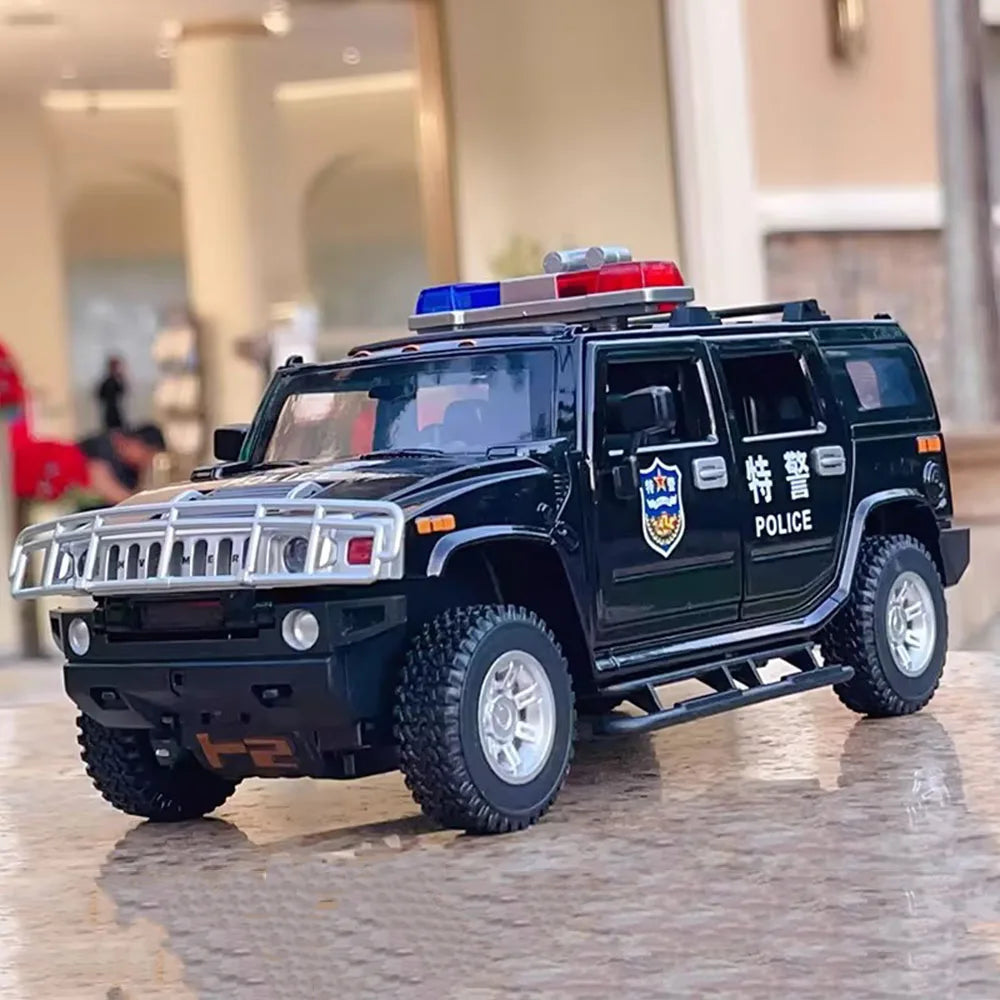 1/24 H2 Police Toy Model Car Alloy Diecast 6 Doors Opened with Sound Light Pull Back Rubber Tire Off-road Vehicles for Kid Gifts