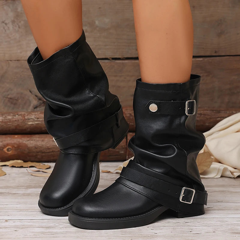 Fashion Buckle Black Pu Leather Ankle Boots Women Slip On Thick Heels Punk Motorcycle Boots Woman Plus Size 42 Slouchy Botas