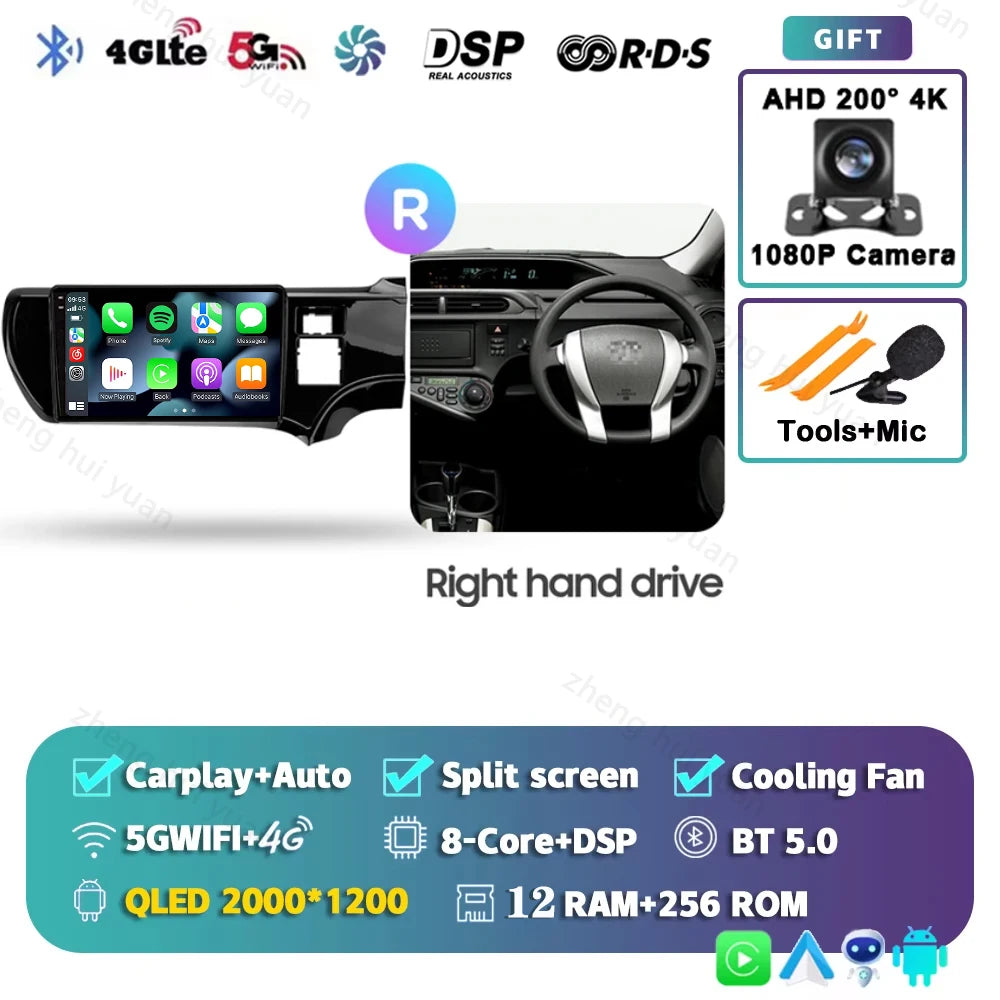 Android 15 CarPlay Auto For Toyota Aqua LHD RHD 2011 - 2017 Car Radio Multimedia navigation video DVD Autoradio Stereo 2din 4G