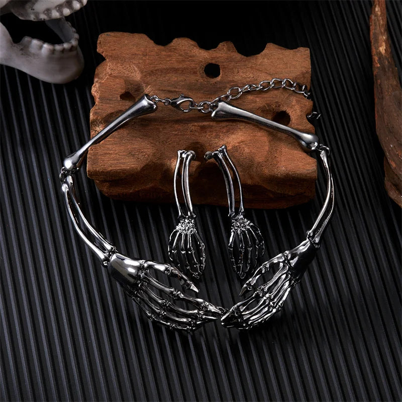 Gothic Dark Retro Bone Skeleton Ghost Hand Necklace for Women Hip Hop Punk Skeleton Skull Necklace Earrings Set Party Jewelry