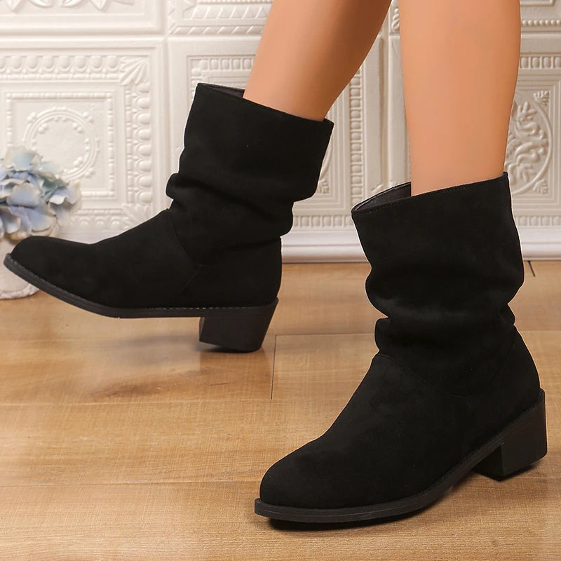 2025 Slip On Thick Heels Ankle Boots Women 2025 Plus Size 35-43 Faux Suede Boots Woman Autumn Winter Block Heeled Short Booties