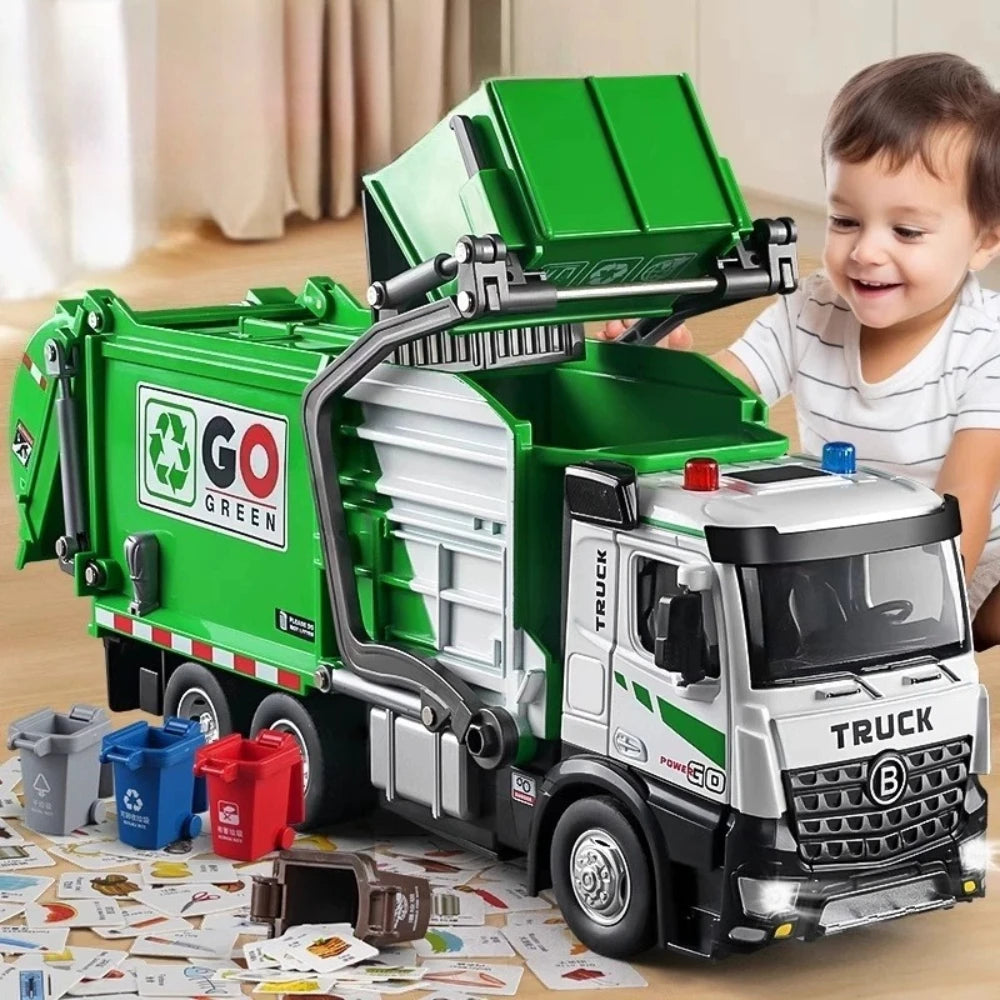 1:18 Alloy Electric City Sanitation Vehicle Hook Truck Toys Car Diecast Model Front End Doors Opened Sound Light Children's Gift