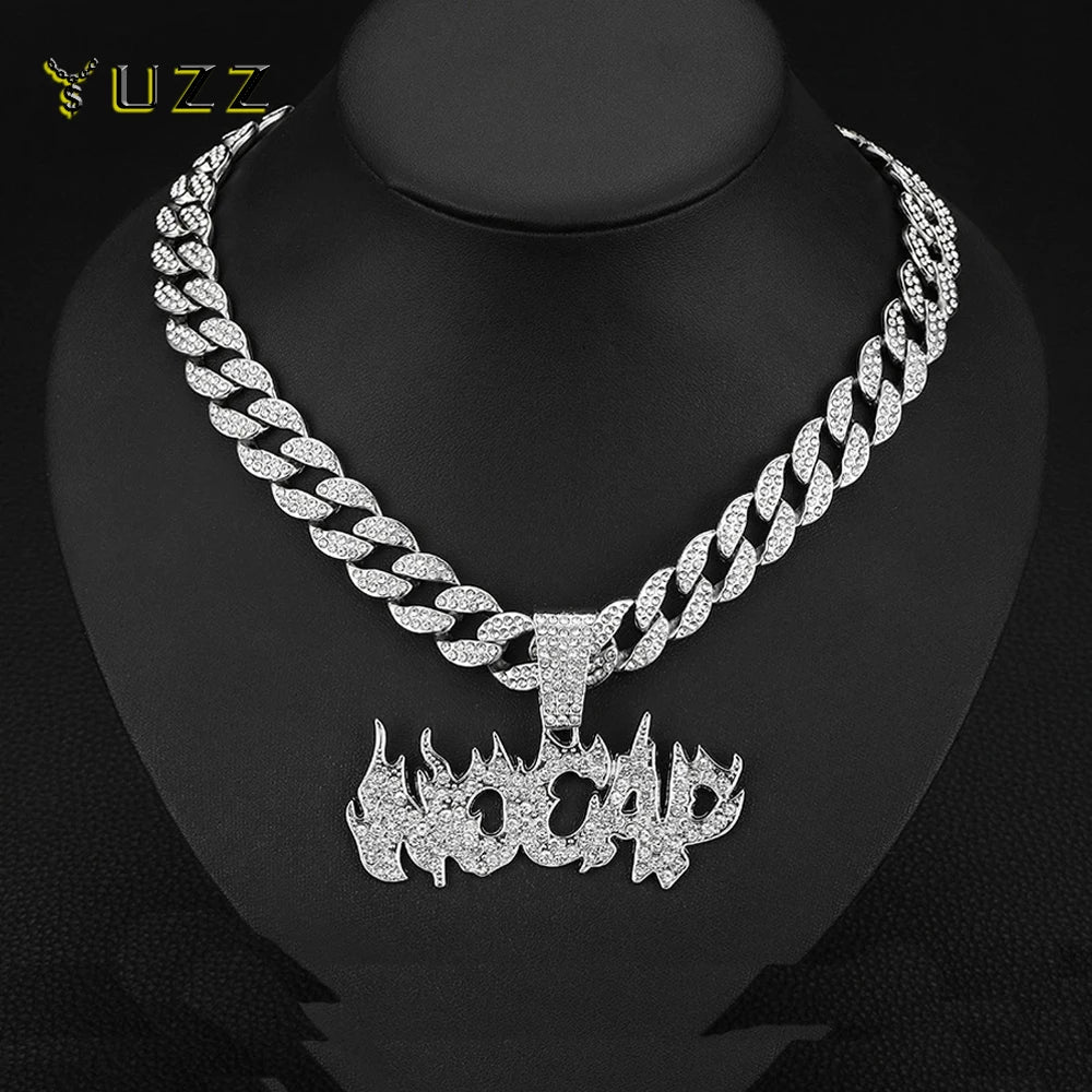 Trendy Hip Hop Iced Out Bling Flame ‘No Cap’ Letters Pendants Necklace With 15mm Cuban Chain Necklaces For Men Charm Jewelry