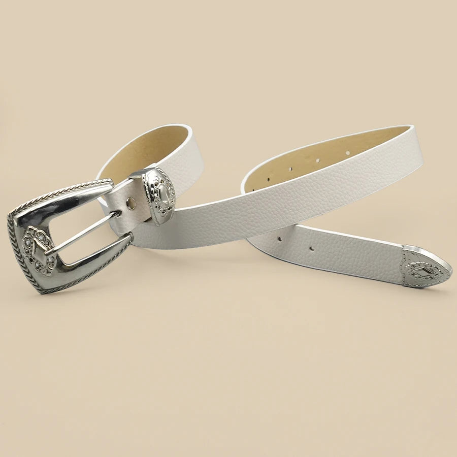 White Border Women's Belt Solid Color Casual Daily Belt Silver Carved Alloy Buckle Daily Commuting Date Fashion Accessories
