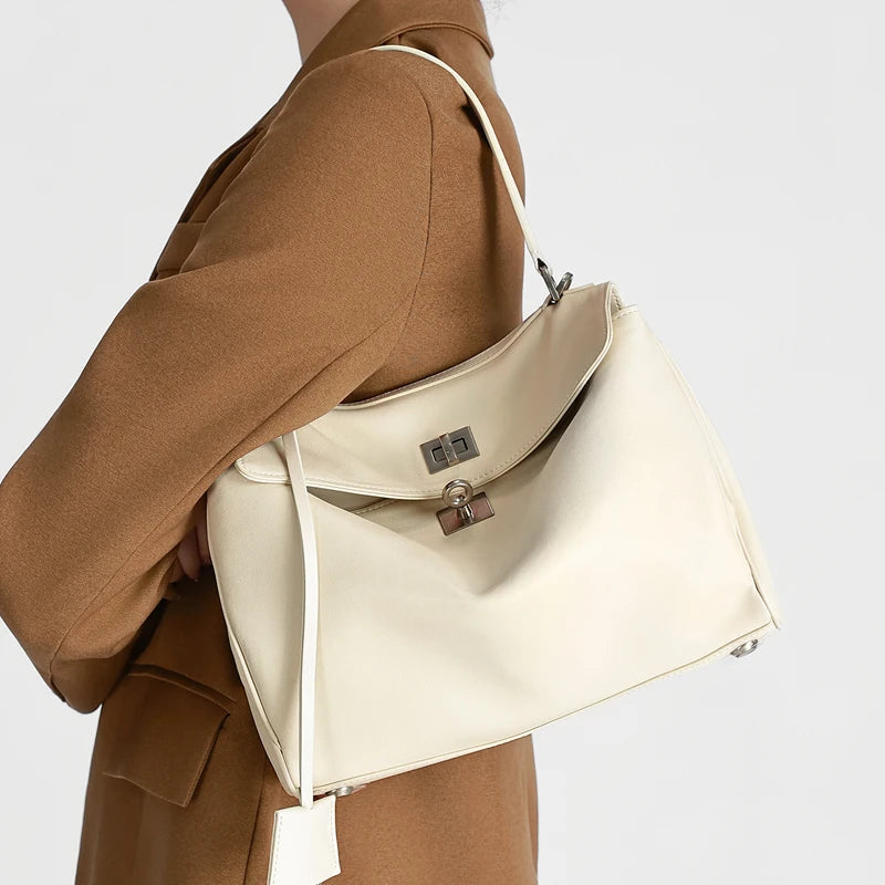 Women's Genuine Leather Large Capacity Solid Color Tote Bag 2026 New Fashion Leather Shoulder Bag Casual Ladies Commute Handbag