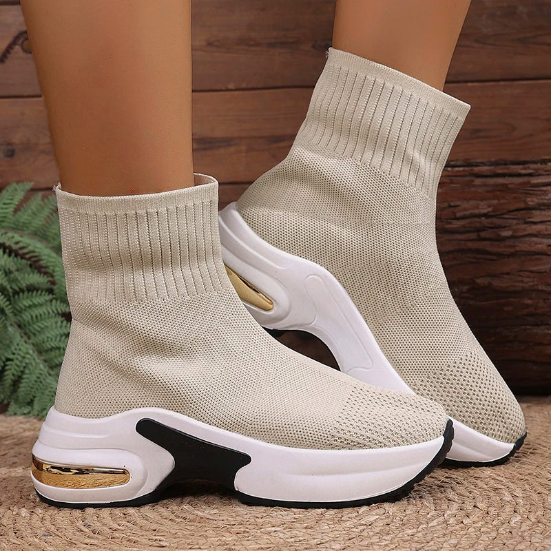 2025 Thick Bottom Knitted Ankle Boots Women Comfort Breathable Platform Sock Shoes Woman Plus Size Wedges Short Booties Mujer