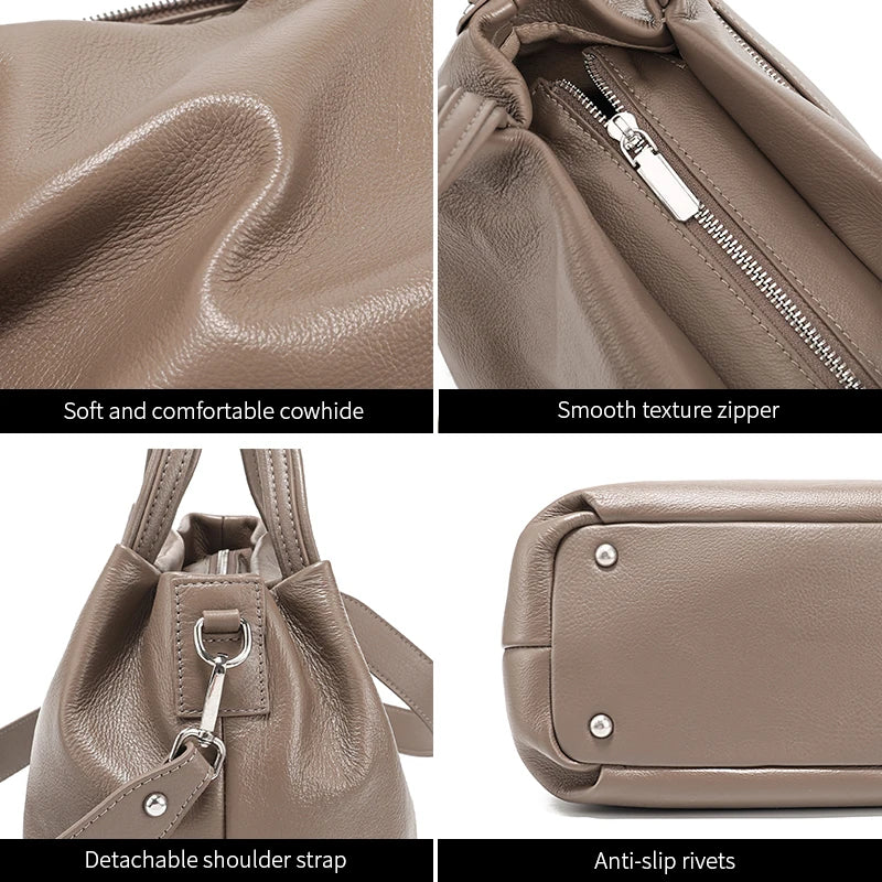 Women's Genuine Cowhide Leather Large Capacity Tote Bag Bucket Ladies Shoulder Bag Crossbody Luxury Brand Bag Female Designer