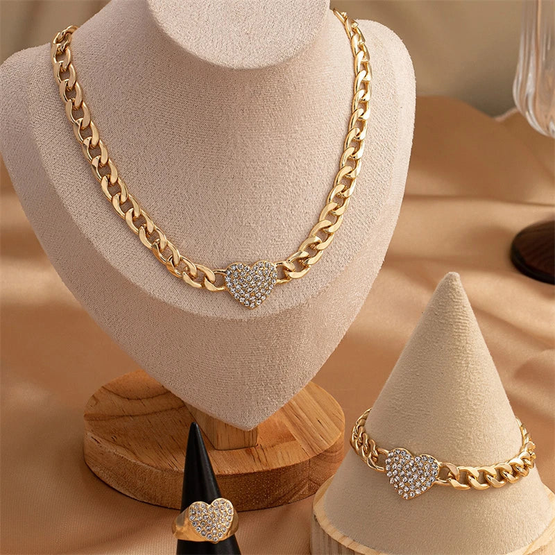 Luxury Inlaid Rhinestone Heart Chain Necklace Bracelet Ring Set for Women Punk Chunky Chain Neckalce Elegant Jewelry Accessories
