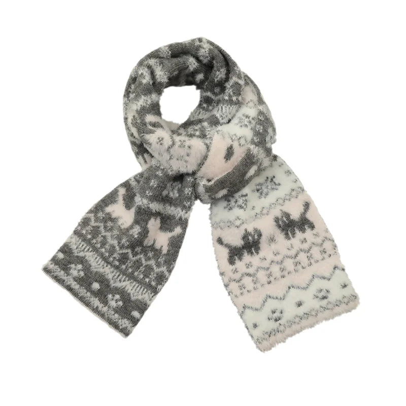 New Fair Lsle Cat Jacquard Knit Scarf For Women Autumn Winter Student Atmosphere Warmth Versatile Neckwear