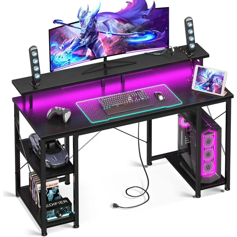 48 " Gaming Desk w/ LED Lights & Power Outlets, Computer Desk w/ Monitor Stand