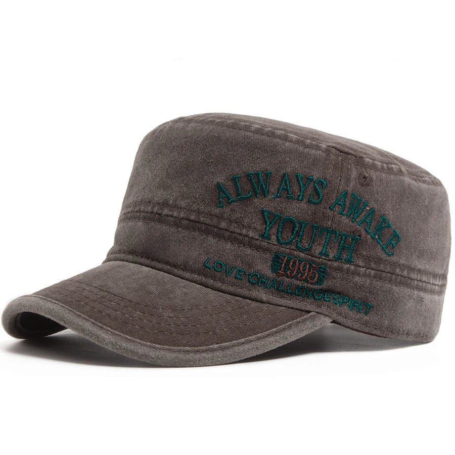 Vintage Flat Hat Men Letter Embroidery Visor Military Cap Outdoor Summer Retro Army Trucker Hats Women Baseball Caps Adjustable