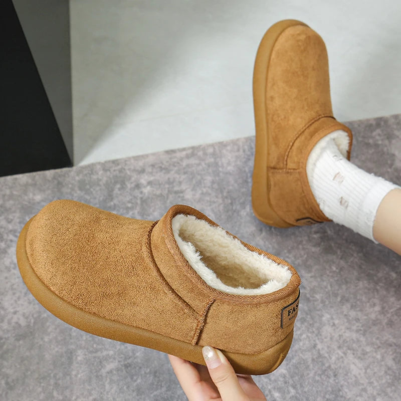 Thick Bottom Faux Suede Snow Boots Women 2025 Slip On Warm Short Plush Ankle Boots Woman Anti Slip Winter Cotton Padded Shoes