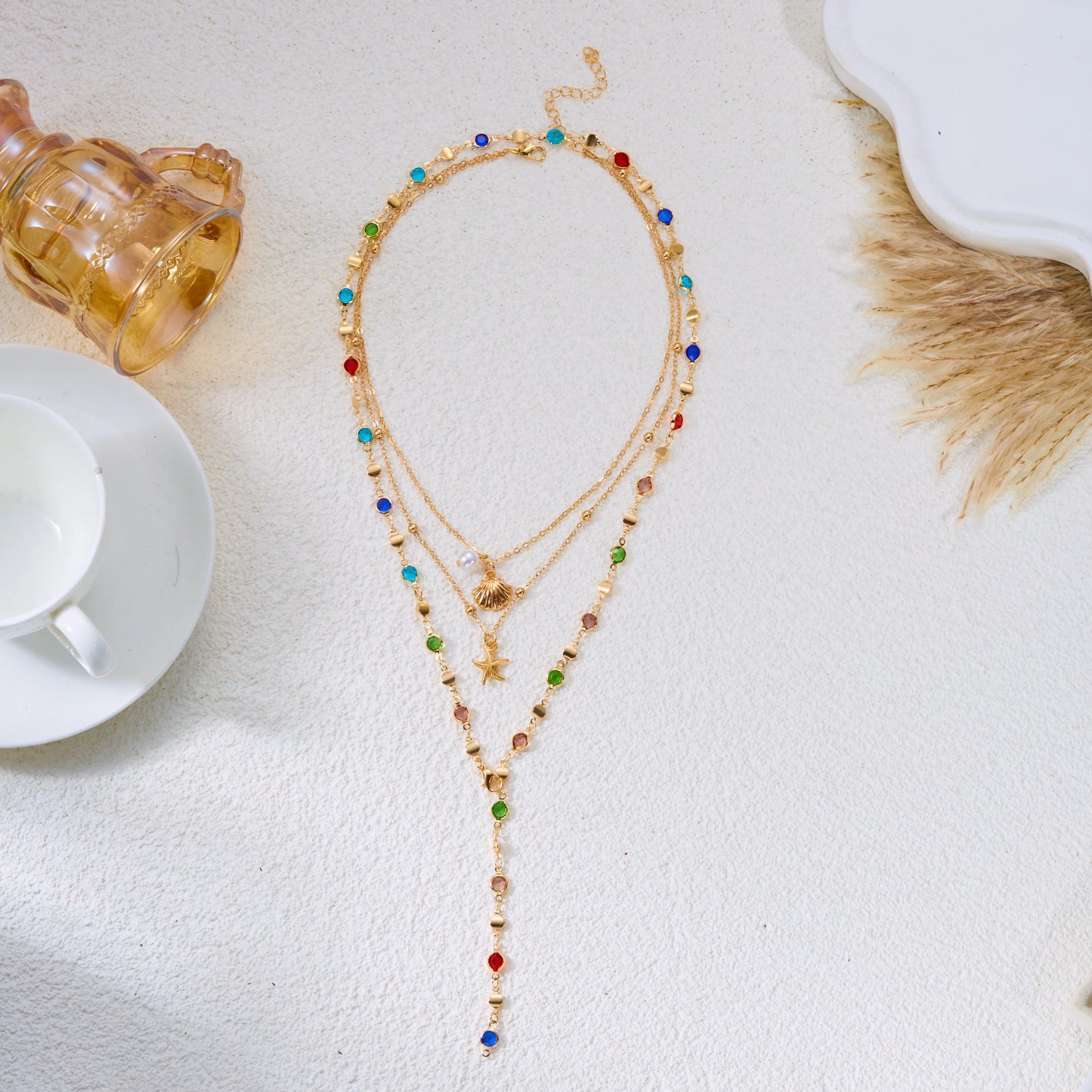 Bohemian Layered Starfish Seashell Beaded Necklace for Women Summer Beach Gold Tone Necklace Summer Daily Jewelry Gift