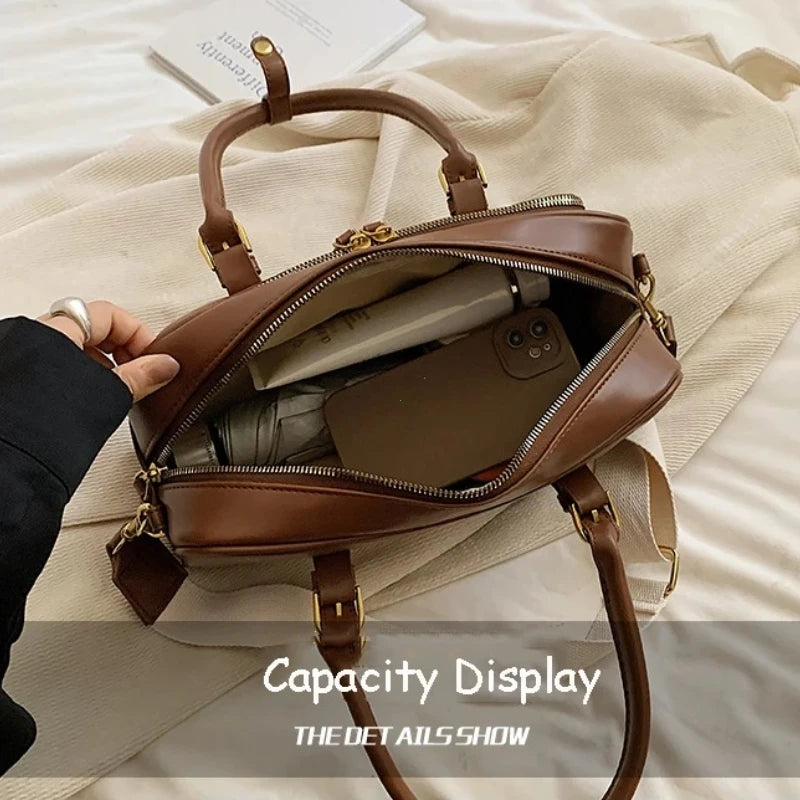 Vintage Handbags for Women Pu Leather Tote Bags 2026 Y2K Ladies Shoulder Bag Large Capacity Commute Wide Strap Crossbody Bag
