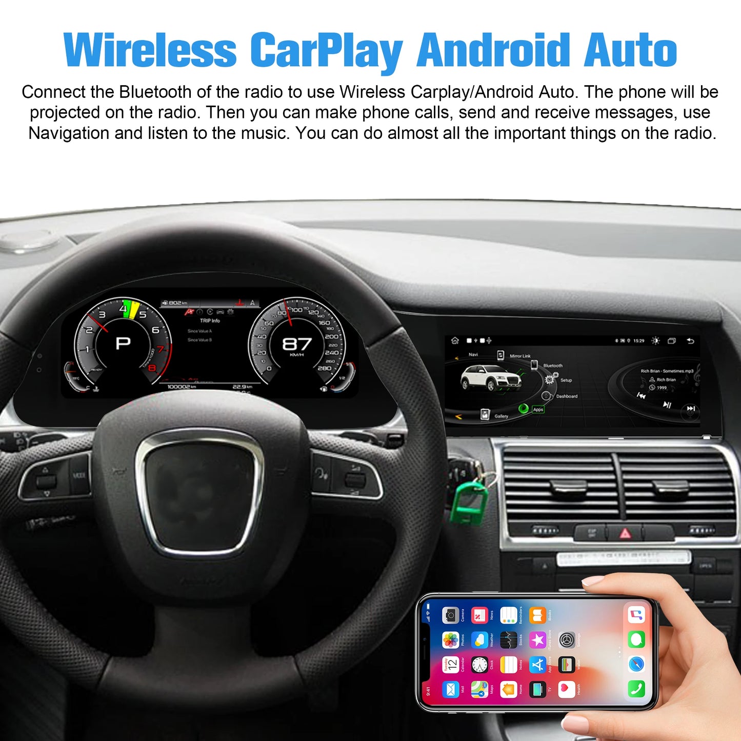 For Audi Q7 2005-2015 digital instrument panel, speedometer, Android radio, wireless CarPlay, GPS navigation 4+64GB