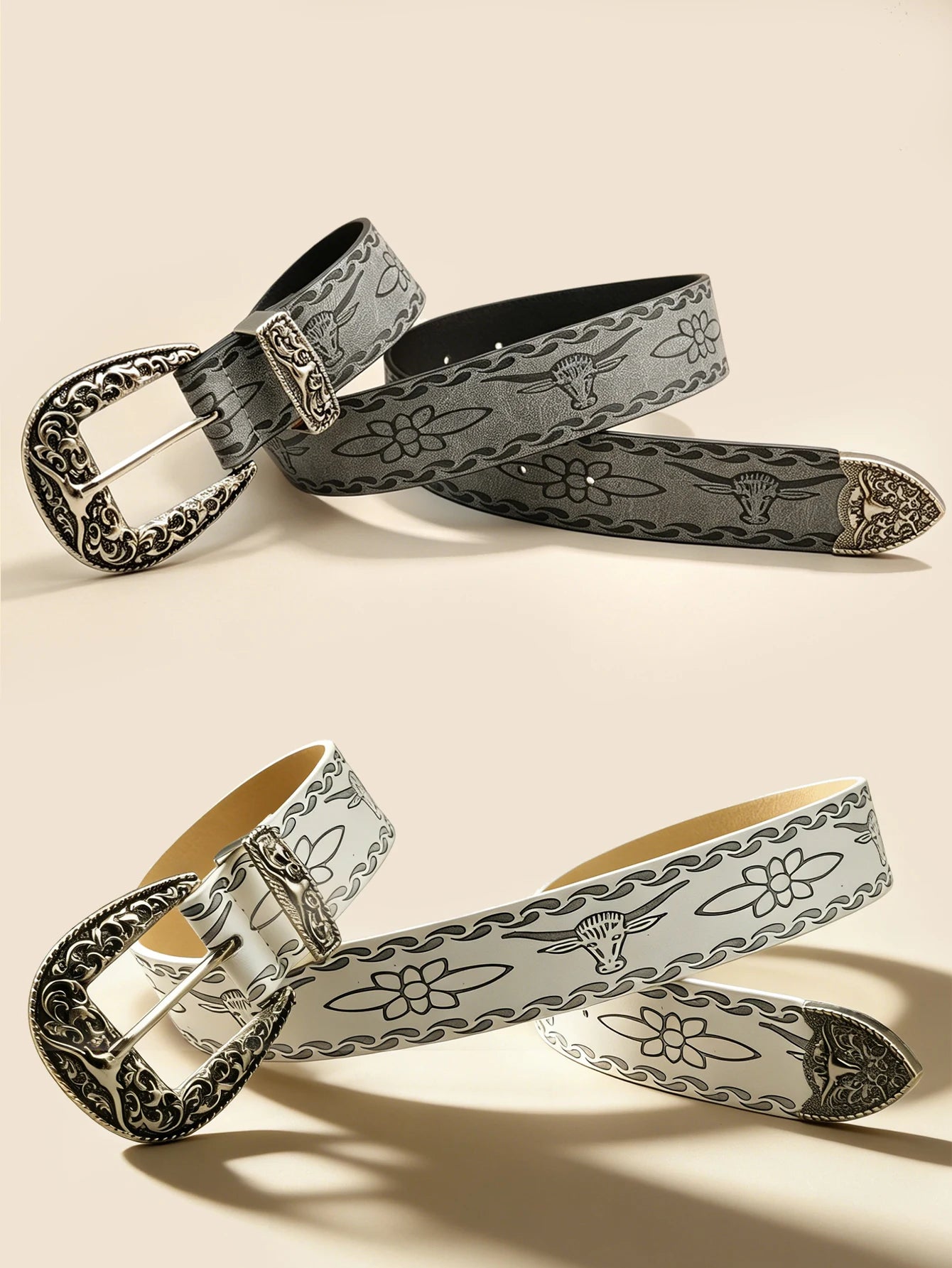 Western Style Bull Head Engraved Belt, Vintage Distressed Silver Buckle Unisex Cowboy Waistband