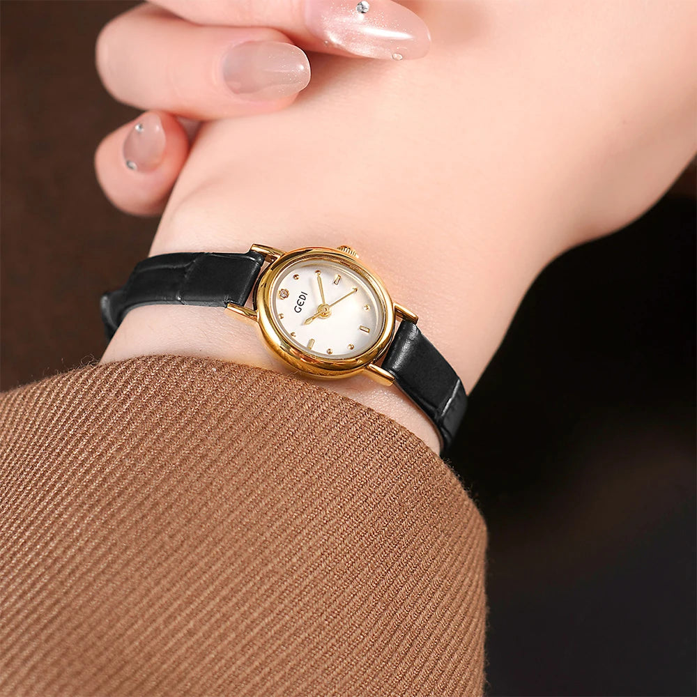 GEDI Vintage Small Watch Woman Elegant Oval Leather Strap Quartz Ladies Watches Wristwatch Waterproof Fashionable