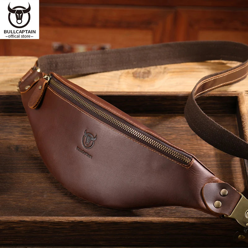 BULLCAPTAIN Men's Crazy Horse Leather Belt Bag Classic Retro Crossbody Bag Outdoor Storage Mountaineering Mobile Phone Bag