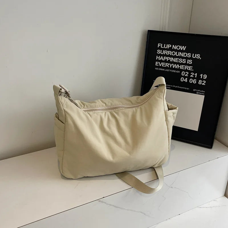 White Casual Work Style Waterproof Nylon Crossbody Shoulder Bag W/Large Capacity