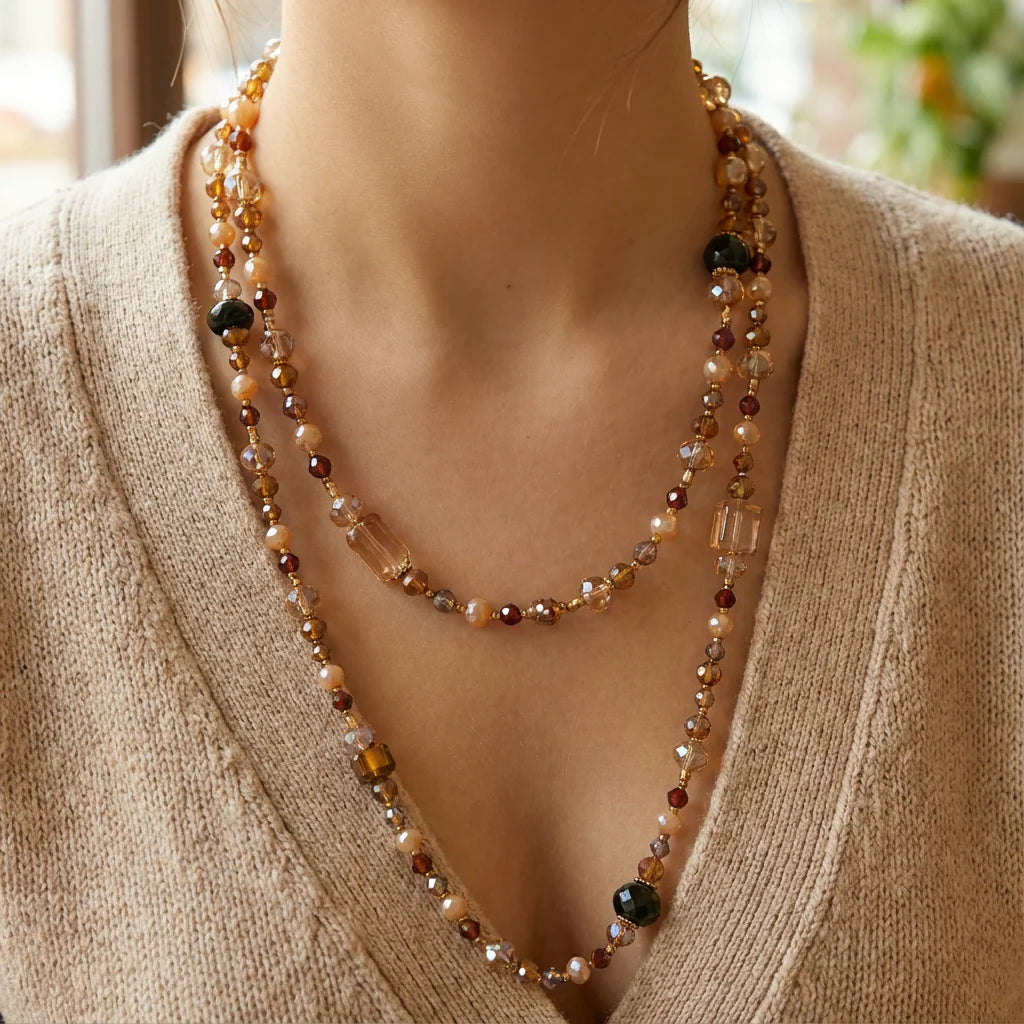 Vintage Crystal Beads Layered Necklace for Women Bohemian Irregular Beaded Necklace Long Stacked Neck Chain Jewelry Accessories