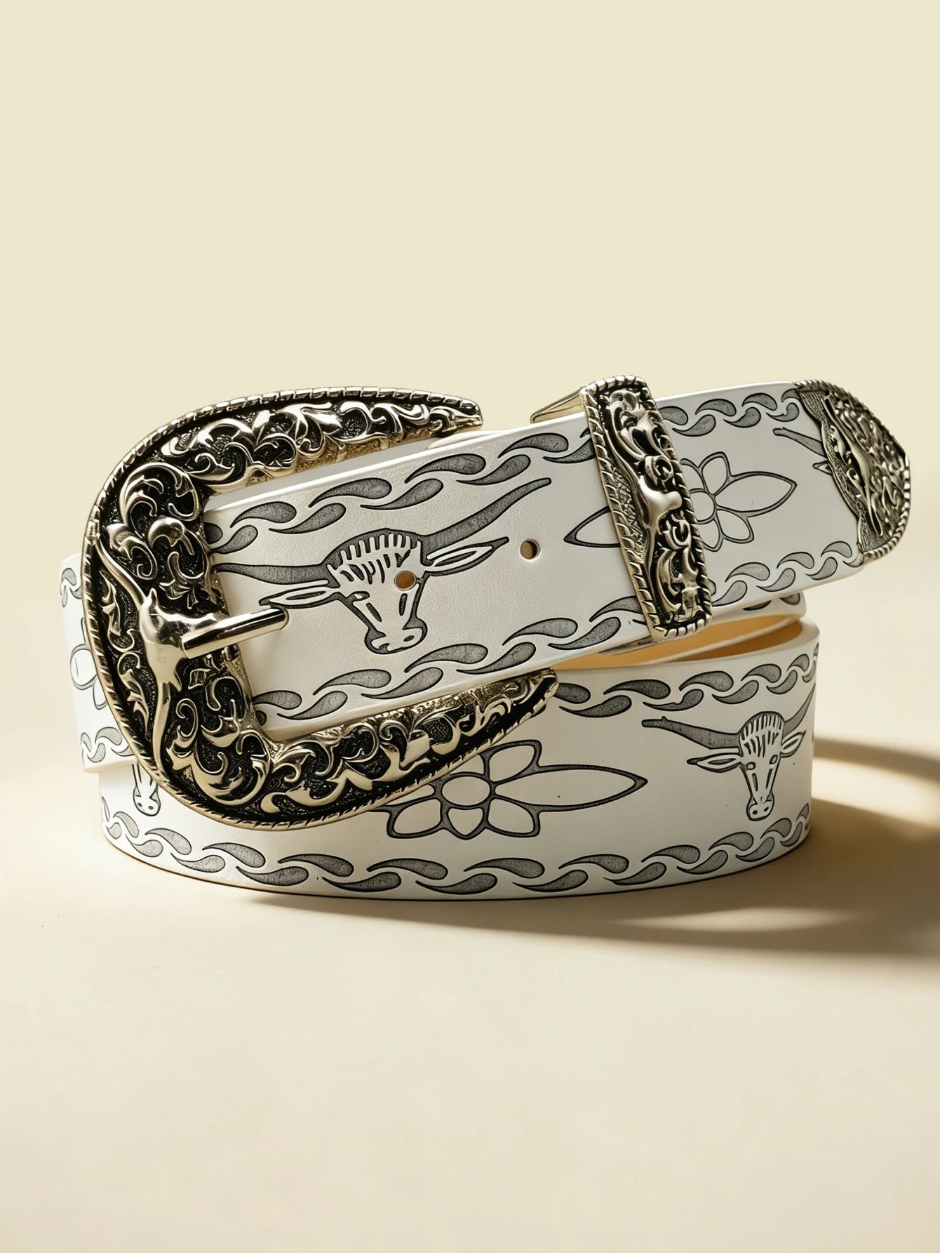 Western Style Bull Head Engraved Belt, Vintage Distressed Silver Buckle Unisex Cowboy Waistband