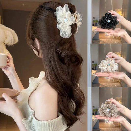 Rhinestone Hair Clip for Woman Elegant Korean Style Mesh Flower Shark Clip Fashion Girl Ponytail Clip Hair Clamp