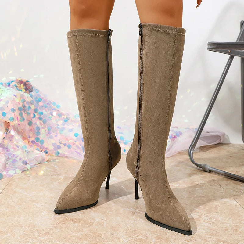 Sexy Thin High Heels Knee High Boots Women Side Zipper Flock Pointed Toe Long Boots Woman Plus Size 42 Khaki Fashion Botas Mujer