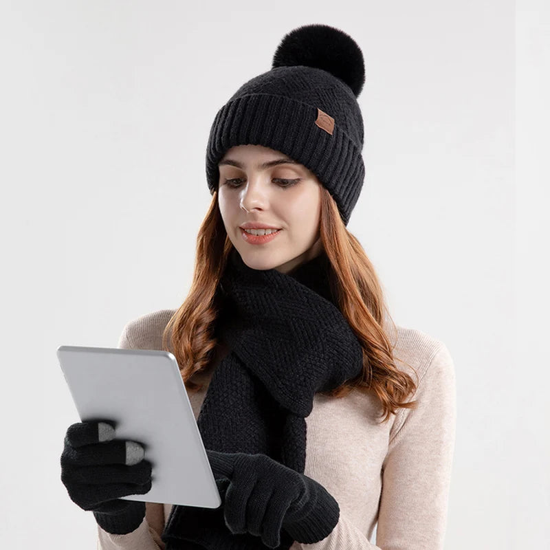 Xinbaoguan 100% Acrylic 9988 Winter Korean Edition Fashion Knitted Wool Warm Hat Scarf Glove 3-Piece Set Ear Protection Hoodie