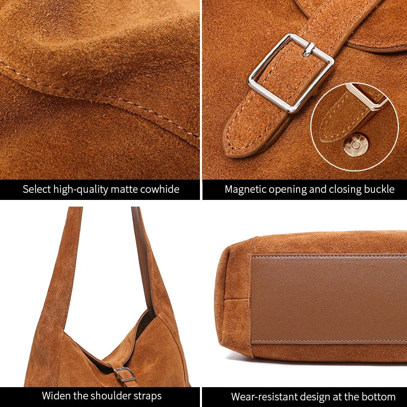 New Winter Women's Natural Suede Leather Bags Female Soft Cowhide Durable Crossbody Shoulder Bag Ladies Fashion Commute Handbags