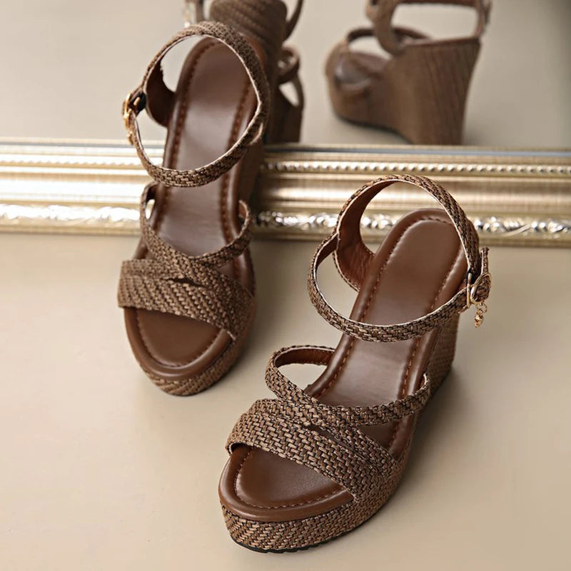 Ankle Buckle Coffee Wedges Sandals Women 2026 Summer Woven Chunky Platform Sandles Woman Peep Toe Plus Size Fashion Sandals 42