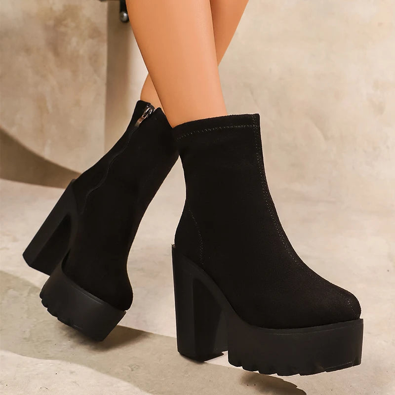 Black Chunky High Heels Boots for Women Plus Size 43 Zipper Thick Heel Ankle Boots Woman 2026 Platform Punk Gothic Botas Mujer