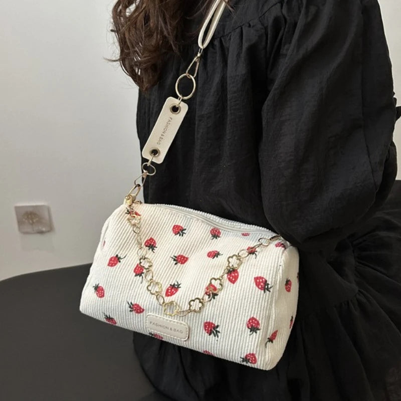 Cute Strawberry Print Mini Underarm Bag Small Fresh Corduroy Women Tote Handbag Casual Versatile Commuter Travel Shoulder Bag