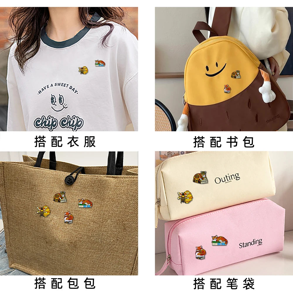 4pcs Cute Fox Enamel Pin Book Brooches Lapel Pins Cartoon Badge on Backpack Clothing Accessories Animal Jewelry Friends Gifts