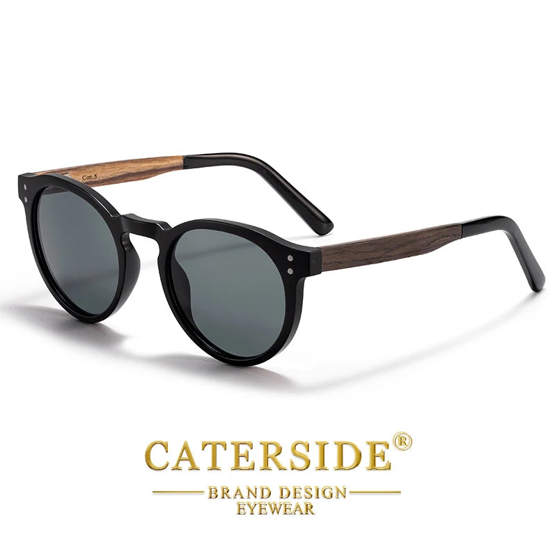 CATERSIDE Men's Round Sunglasses Solid Wood Temple High-Quality Spring Hinge Sun Glasses Women's Party Travel Eyewear UV400