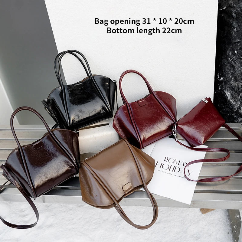 Genuine Cowhide Leather Top Handle Bag Set for Women Designer Oil Wax Leather Fan-Shaped Satchel with Matching Crossbody Pouch