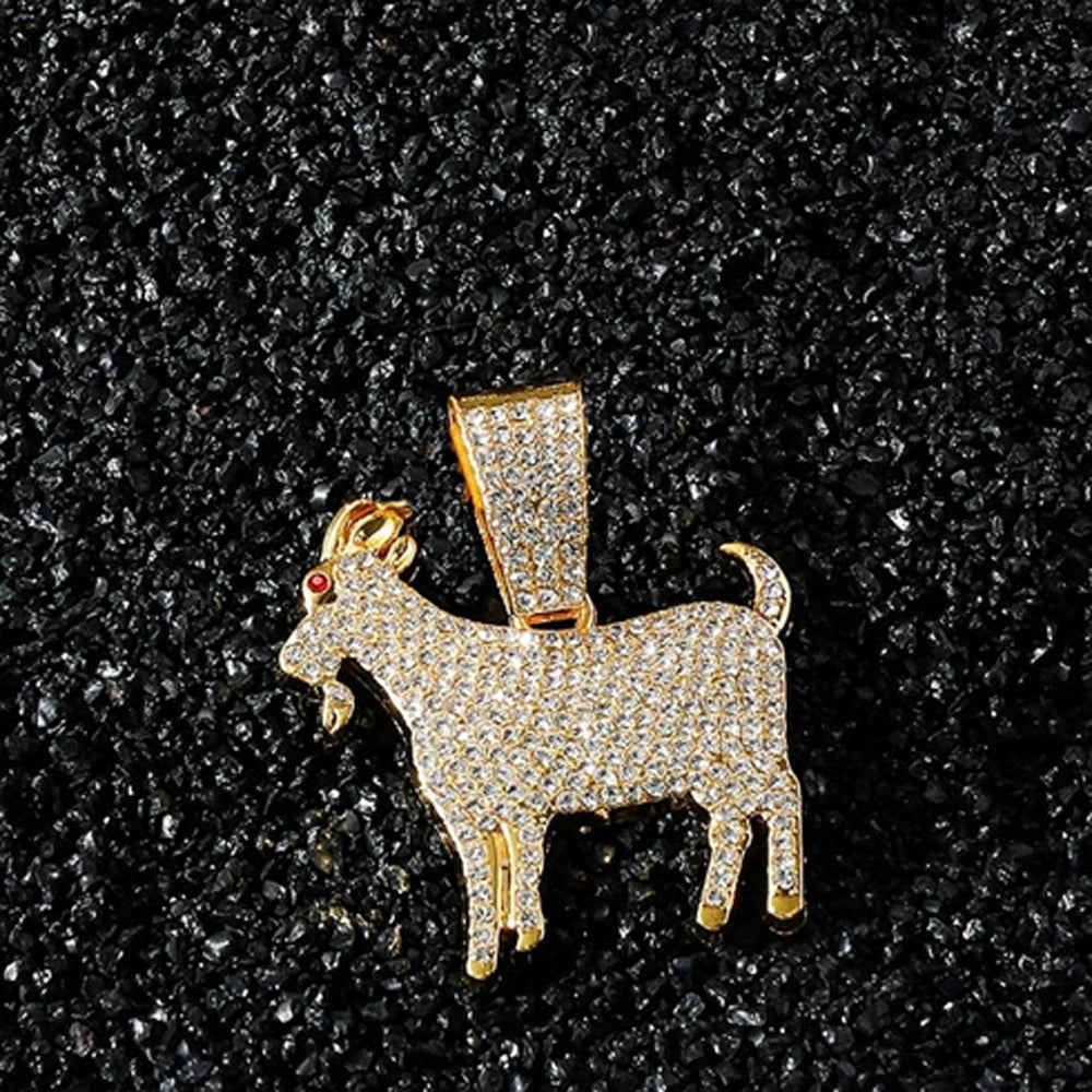 Men Hip Hop Fashion Full Rhinestone Animal Goat Pendant Necklace with 13mm Miami Cuban Chain Necklaces Rapper Rock Jewelry Gift