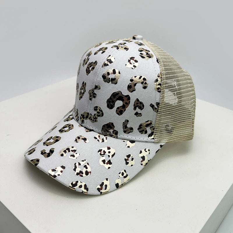 New Women Bronzing Leopard Print Criss Cross Tail Baseball Hats Mesh Breathable Sunshade Versatile Trucker caps Fashion Washed