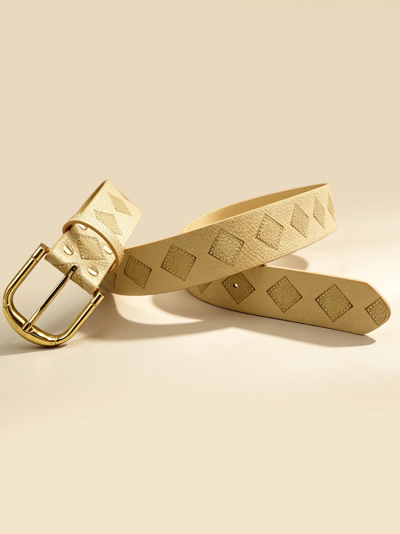 Beige Diamond Embossed Belt, Gold Pin Buckle Minimalist Versatile Women's Casual Waistband