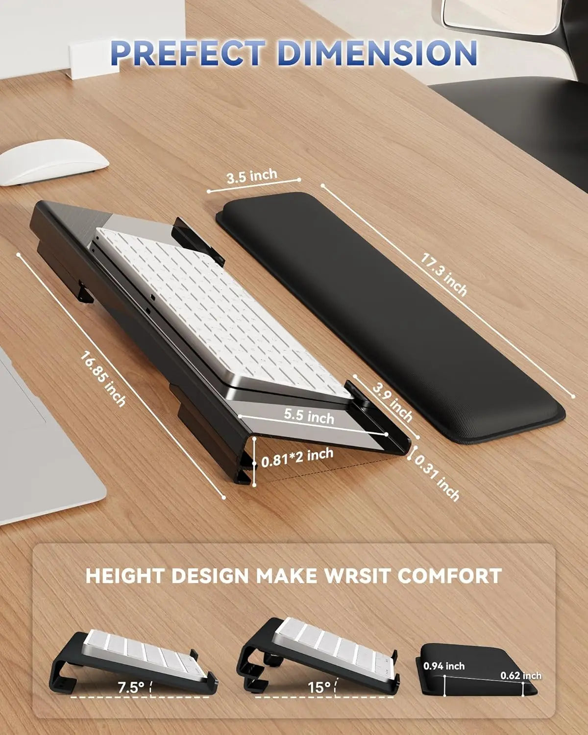 Computer Keyboard Stand for Desktop, 2-Level Height Adjustment Keyboard Wrist Rest, Non-Slip Key Board Riser Pad for Desk